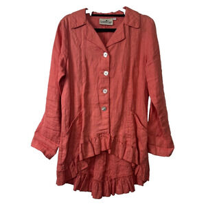 Womens S Goddess Gear Organic Linen LS Button Front Ruffle Hi-Lo Hem Top D17
